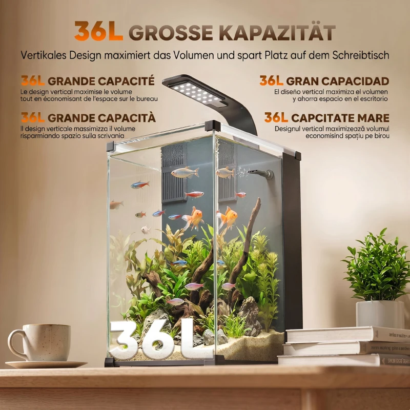 PawHut Acvariu 36L cu Filtru Integrat, 30 x 30 x 45,5 cm, Negru
