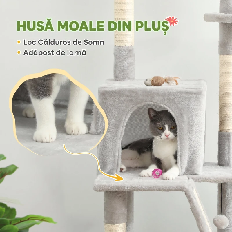 PawHut Copac pentru Pisici cu Fixare pe Tavan, Înălțime Reglabilă 225-255 cm cu Căsuță și Hamac, Gri Deschis