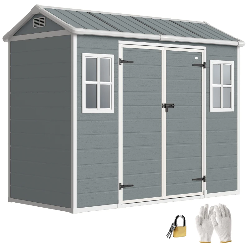 Outsunny 8 x 4 ft Plastic Garden Shed, Wood-Effect Outdoor Storage Shed with Floor, Windows, Lockable Doors and Vents, Light Grey