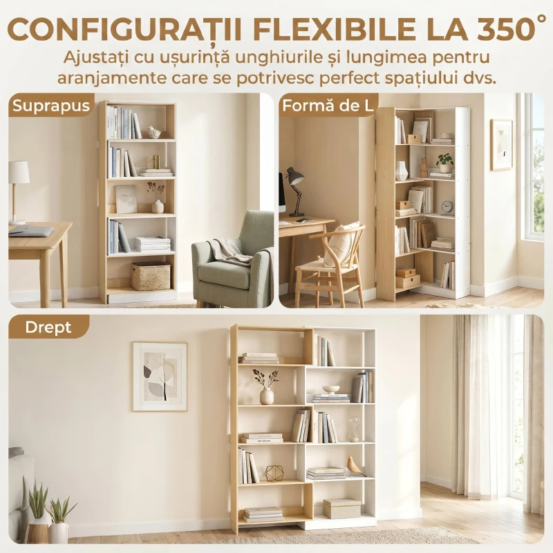 HOMCOM Bibliotecă de Colț cu 5 Polițe, Design Rotativ 350°, Lemn/Alb