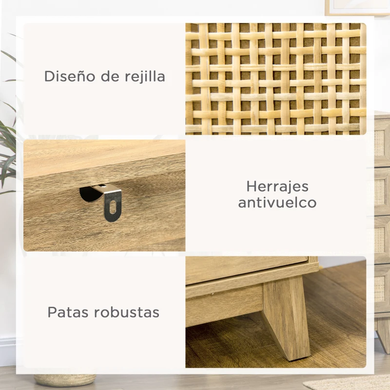 HOMCOM Cómoda con 4 Cajones Cajonera de Madera con Frontales de Ratán Estilo Cannage para Dormitorio 80x35x95 cm Natural