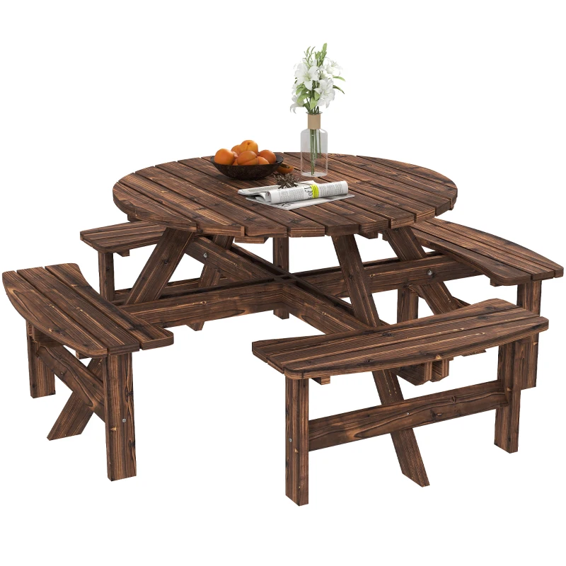 Outsunny Wooden Garden Dining Set, 8 Seater Patio Furniture Set with Round Picnic Table, Parasol Hole for Outdoor Garden, Tan