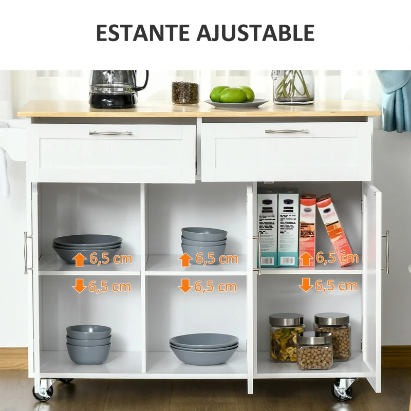HOMCOM Isla de Cocina Mueble Auxiliar de Cocina con 2 Cajones 6 Puertas y Barra Lateral 121x46x91 cm Roble y Blanco