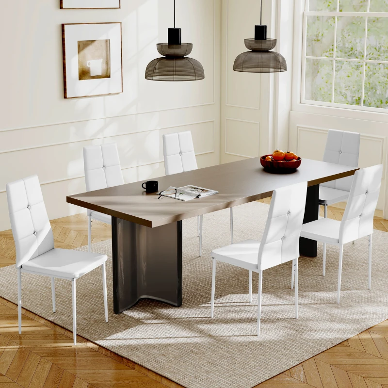 HOMCOM Juego de 6 Sillas de Comedor Tapizada en PU con Respaldo Alto con Botones y Patas de Acero Diseño Moderno Blanco
