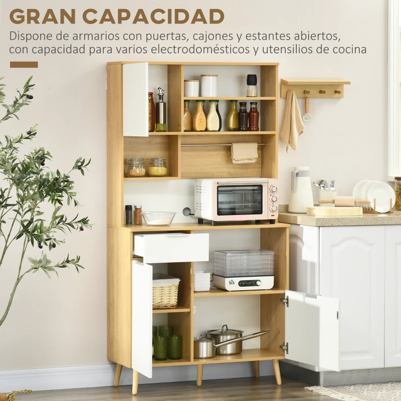 HOMCOM Alacena de Cocina Mueble Auxiliar de Cocina con 3 Puertas Cajón Estante Ajustable y Toallero 93x40x180 cm Natural