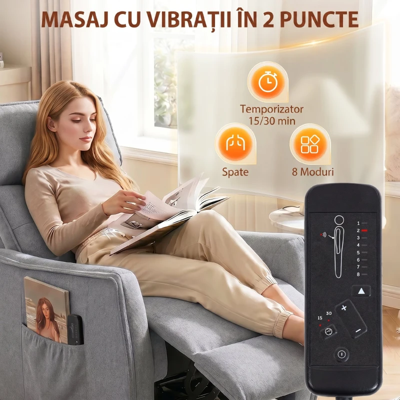 HOMCOM Fotoliu cu Masaj Reclinabil Manual, Material Tip In cu Telecomandă, Gri Deschis
