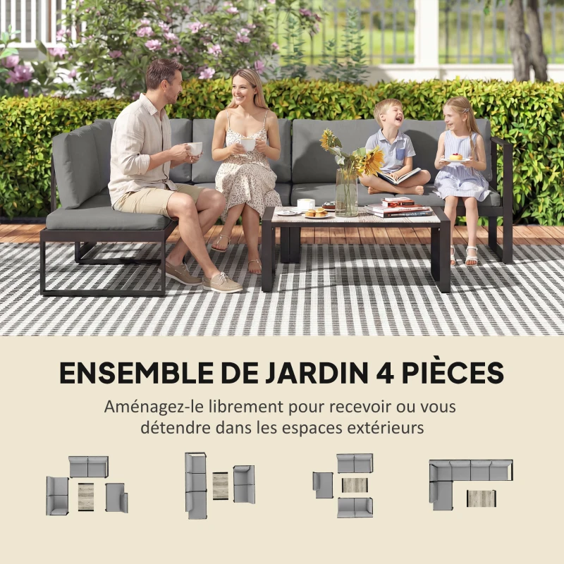 Outsunny Salon de Jardin Extérieur d'Angle 5 Personnes avec 2 Canapés, Chaise Sans Accoudoirs, Table Basse, Gris Foncé