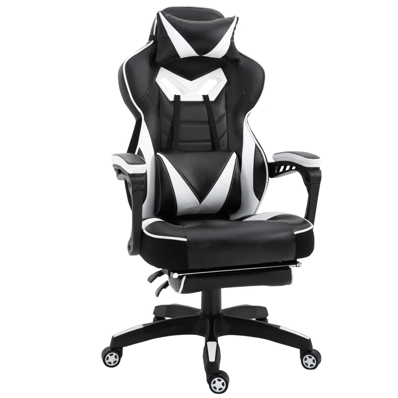 Vinsetto Silla Gaming Ergonómica Silla de Escritorio de Oficina Regulable en Altura Reclinable Respaldo con Reposapiés Reposacabezas Cojín Lumbar Ruedas 65x70x118,5-128,5 cm Blanco