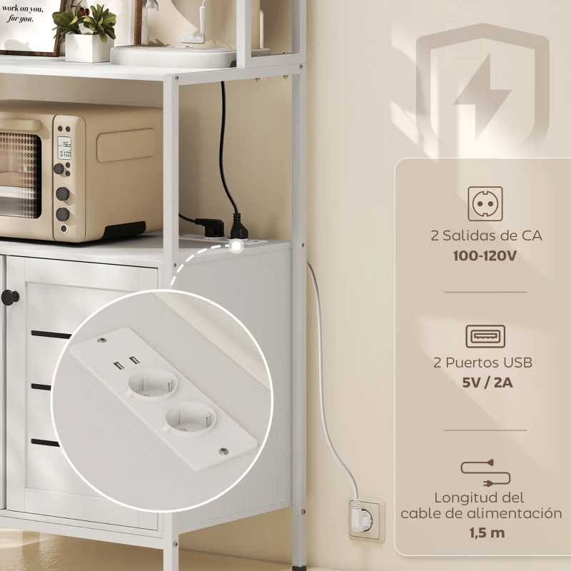 HOMCOM Estantería de Cocina con Toma de Corriente Soporte para Microondas con 2 Puertas 2 Puertos USB y Compartimentos Blanco
