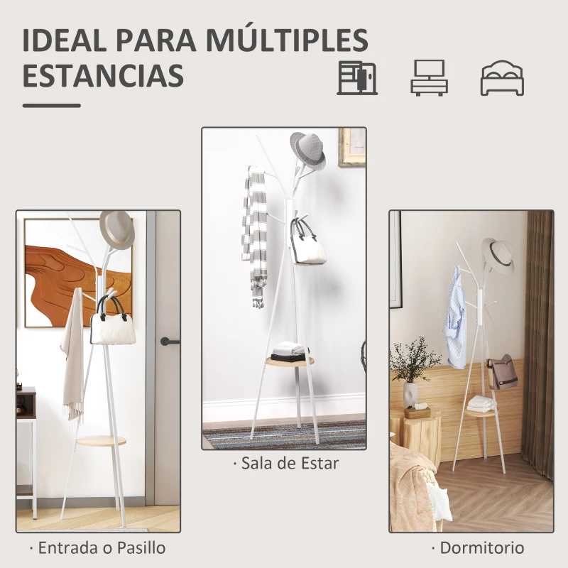 HOMCOM Perchero de Pie Forma de Árbol Perchero para Ropa de Metal con 9 Ganchos y Estante Perchero Vintage 45x45x180 cm Blanco