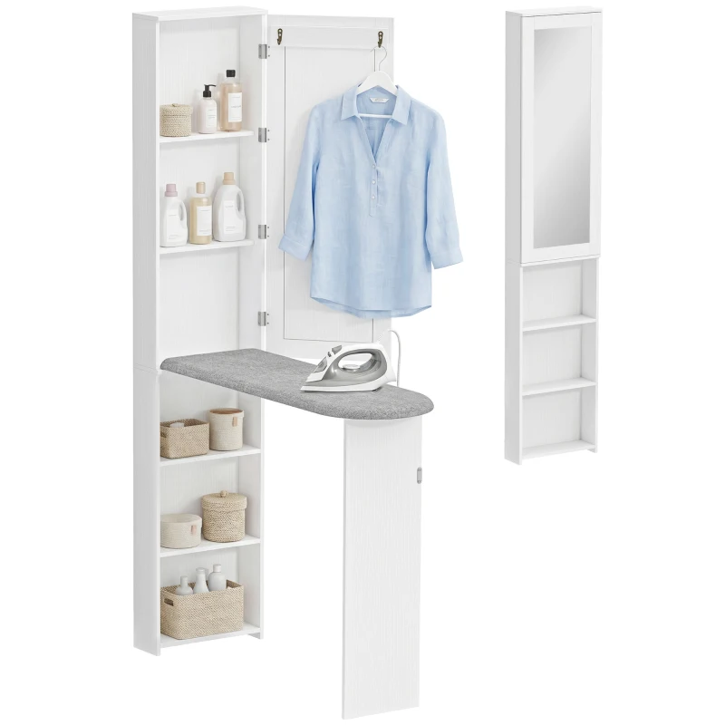 HOMCOM Faltbar Bügelbrettschrank mit Tür internen Regalen Spiegel Platzsparend Bügeltisch für Wäschepflege 106x35x174 cm Weiß