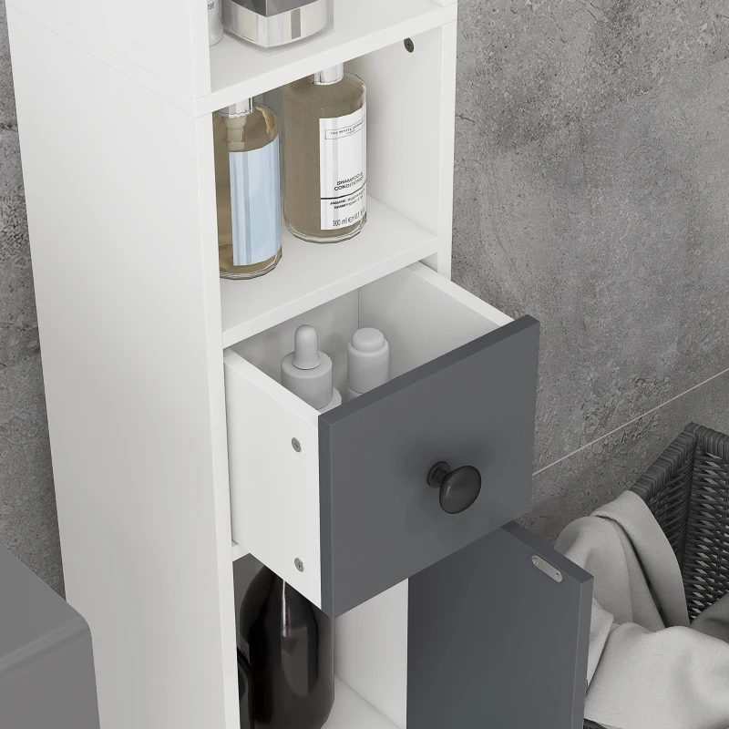 kleankin Columna de Baño con 1 Cajón 5 Estantes y 2 Puertas para Salón Dormitorio Carga 30 kg 20x20x180 cm Gris