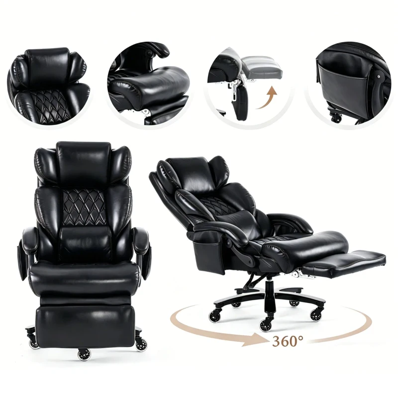 Fauteuil de direction avec fonction massage et chauffage, chaise de bureau ergonomique en simili cuir, repose-pieds extensible, 88 x 70 x 112,5 cm, Noir
