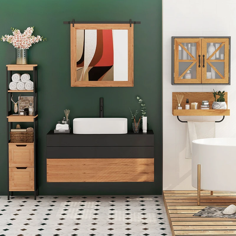kleankin Armario Alto para Baño con 3 Estantes y 2 Cajones Estilo Moderno 30x30x144,3 cm Negro y Natural