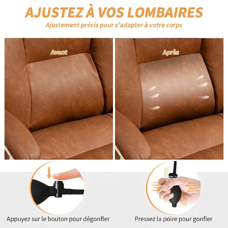 HOMCOM Chaise bureau ergonomique fauteuil de bureau en PU soutien lombaire gonflable dossier inclinable hauteur réglable marron