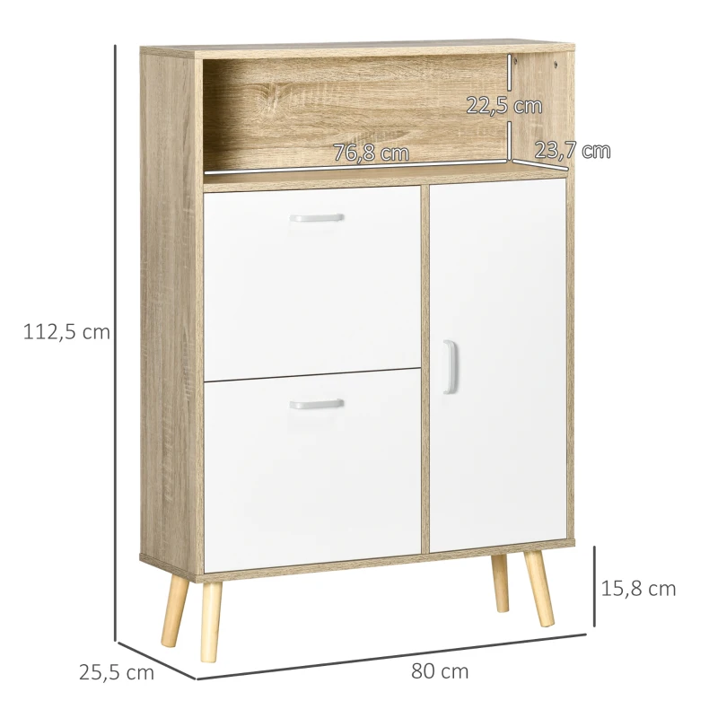 HOMCOM Mueble Zapatero para 8 Pares de Calzado con 2 Cajones Abatibles Armario y Balda 80x25,5x112,5 cm Natural y Blanco