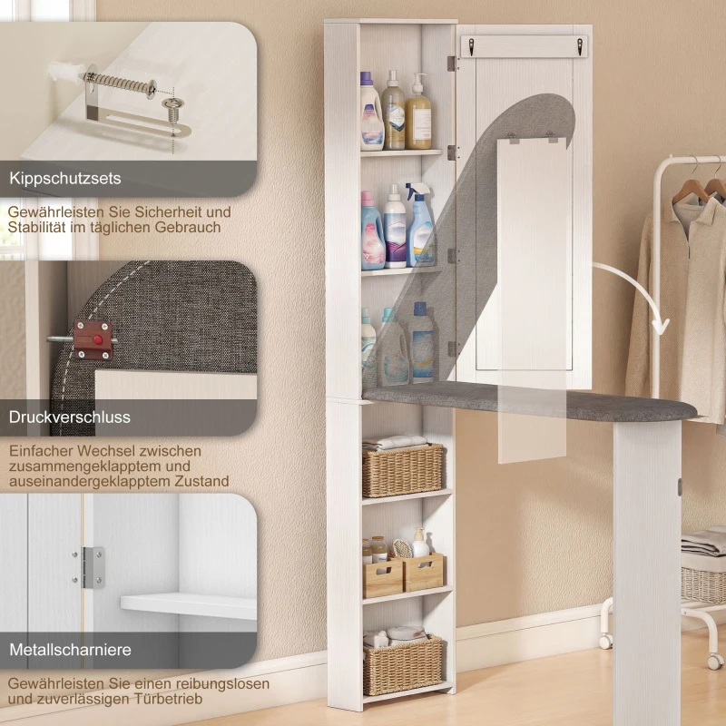 HOMCOM Faltbar Bügelbrettschrank mit Tür internen Regalen Spiegel Platzsparend Bügeltisch für Wäschepflege 106x35x174 cm Weiß