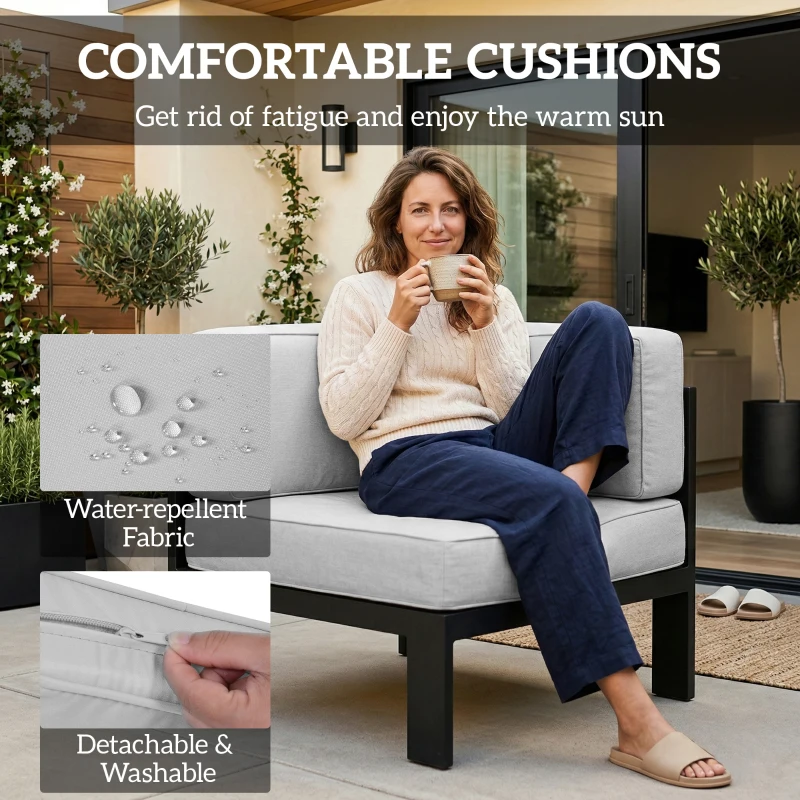 Outsunny 5-Piece Garden Corner Sofa Set with Cushions, 6 Seater Aluminium Garden Furniture Set with Coffee Table, Light Grey