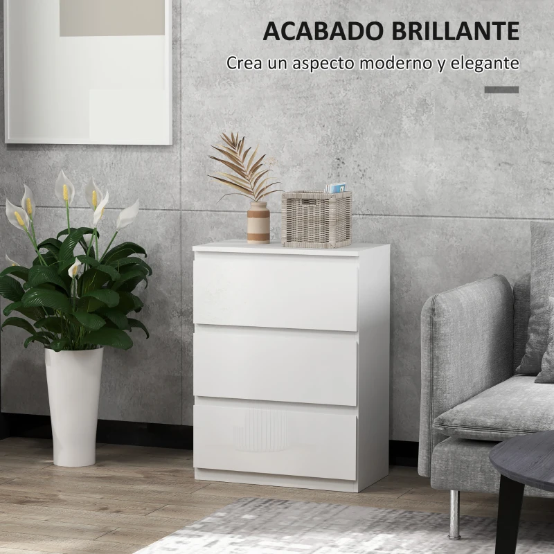 HOMCOM Cómoda con 3 Cajones Cómoda de Dormitorio Moderno con Diseño Anti-vuelco 55x34x75 cm Blanco Brillo