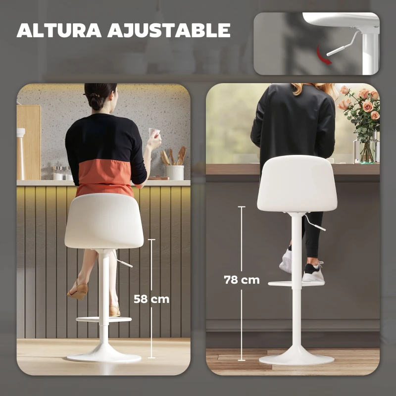HOMCOM Conjunto 2 Taburetes Altos Ajustables 360° con Respaldo y Reposapiés para Cocina Bar o Comedor 40,5x44x84-104 cm Blanco