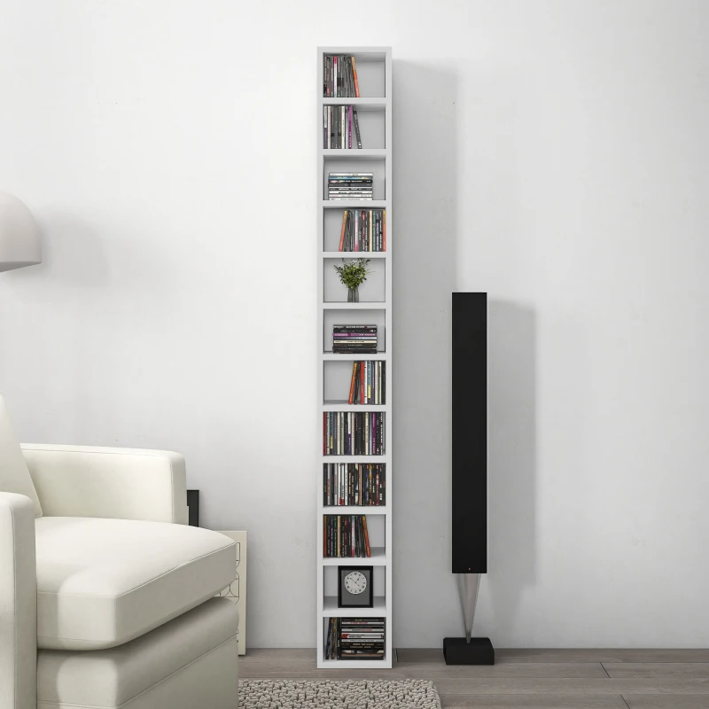 HOMCOM Raft Bibliotecă pentru CD-uri cu 12 rafturi, din MDF și panou aglomerat, 21x20x175 cm, Alb