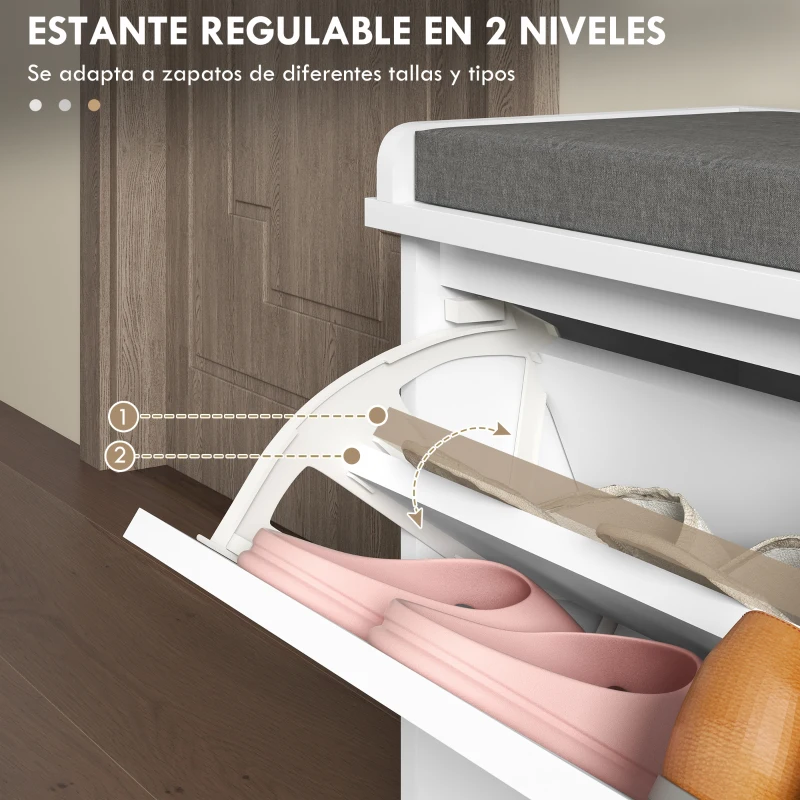 HOMCOM Mueble Zapatero con Banco con Estantes Ajustables y Cojín Acolchado para 8 Pares de Zapatos 80x26x48 cm Blanco
