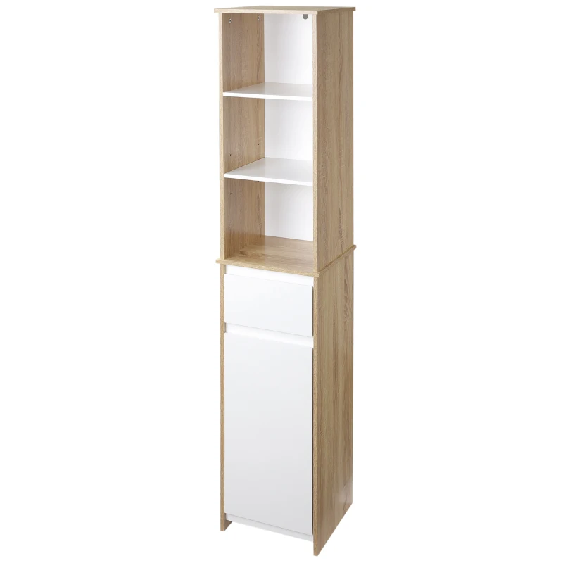 kleankin Armario Alto de Baño Mueble Columna de Baño con 1 Puerta Cajón y 3 Estantes Balda Ajustable para Cocina Salón 32,6x30x171,2 cm Madera Natural y Blanco