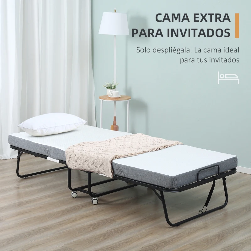 HOMCOM Cama Plegable 200x80 cm con 4 Ruedas, Cama de Camping Portátil, con Colchón Individual de 10 cm, Marco de Acero, Carga 150 kg, para Dormitorio, Salón, Oficina, Blanco