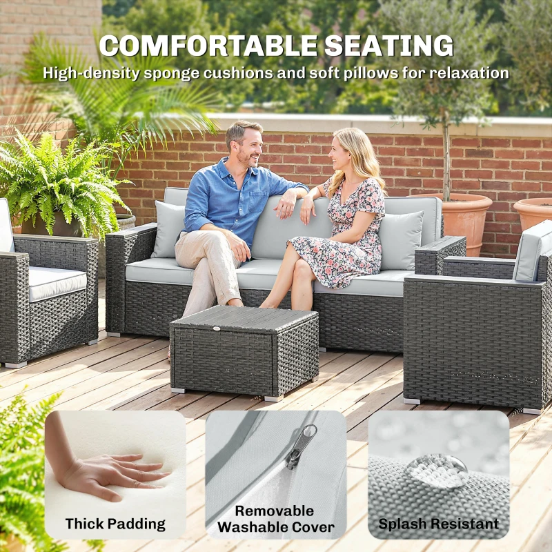 Outsunny 5 Seater Rattan Garden Furniture Set with Wide Armrests, Cushions, Pillows for Patio, Dark Grey