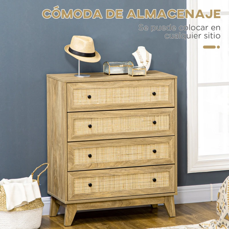 HOMCOM Cómoda con 4 Cajones Cajonera de Madera con Frontales de Ratán Estilo Cannage para Dormitorio 80x35x95 cm Natural