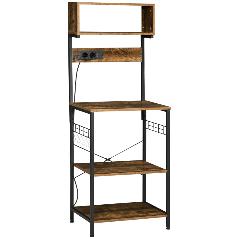 HOMCOM Estantería de Cocina Mueble para Microondas con Toma de Corriente 2 Cargadores USB 5 Ganchos 60x42x153 cm Marrón