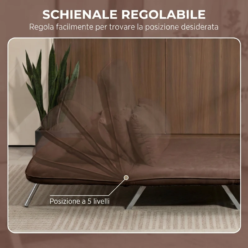 HOMCOM Divano Letto 2 Posti in Finta Pelle Scamosciata, Schienale Regolabile e 2 Cuscini, 111x80x78 cm, Marrone