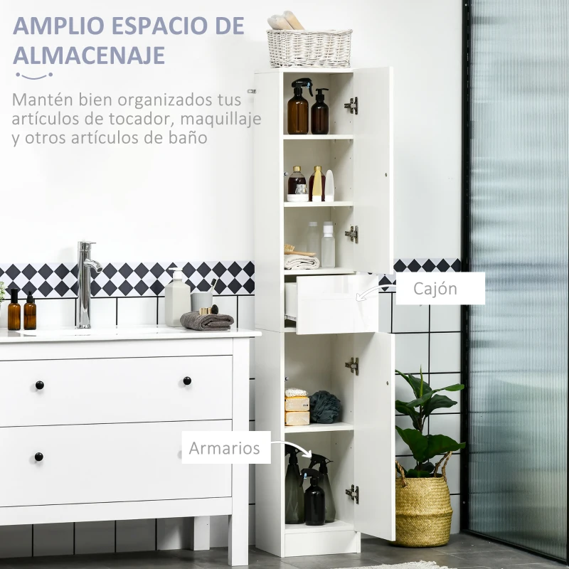 kleankin Columna de Baño con 1 Cajón y 5 Estantes Abiertos Mueble Auxiliar de Baño Estilo Moderno 30x28x170 cm Blanco