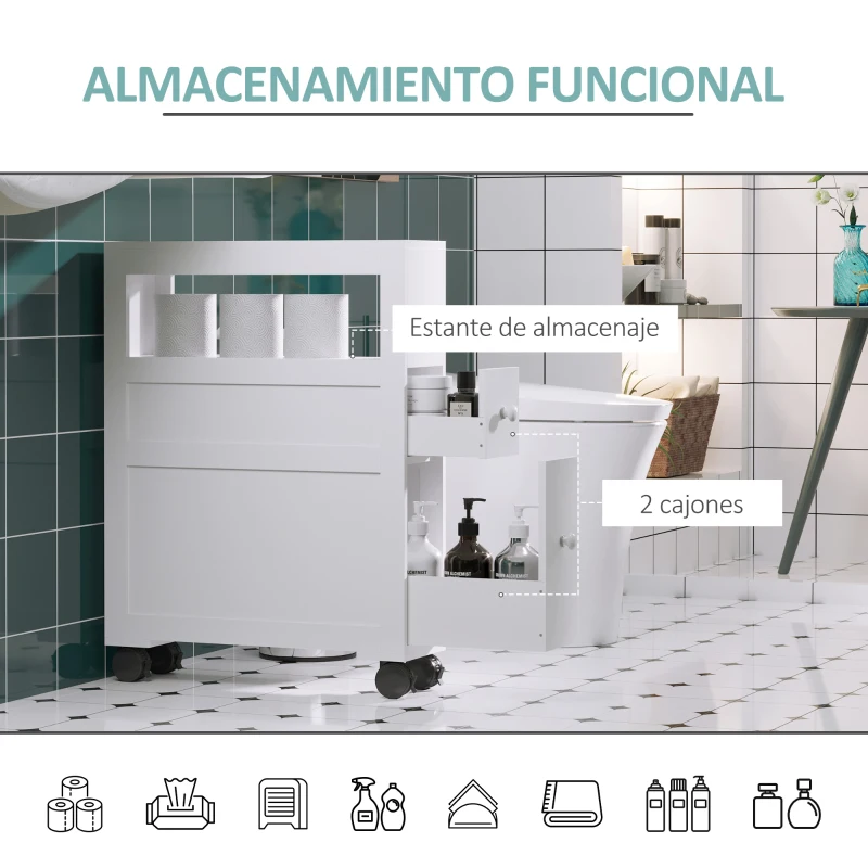 HOMCOM Mueble de Baño 2 Cajones Ahorra Espacio con 4 Ruedas 16x52x71,5 cm Blanco