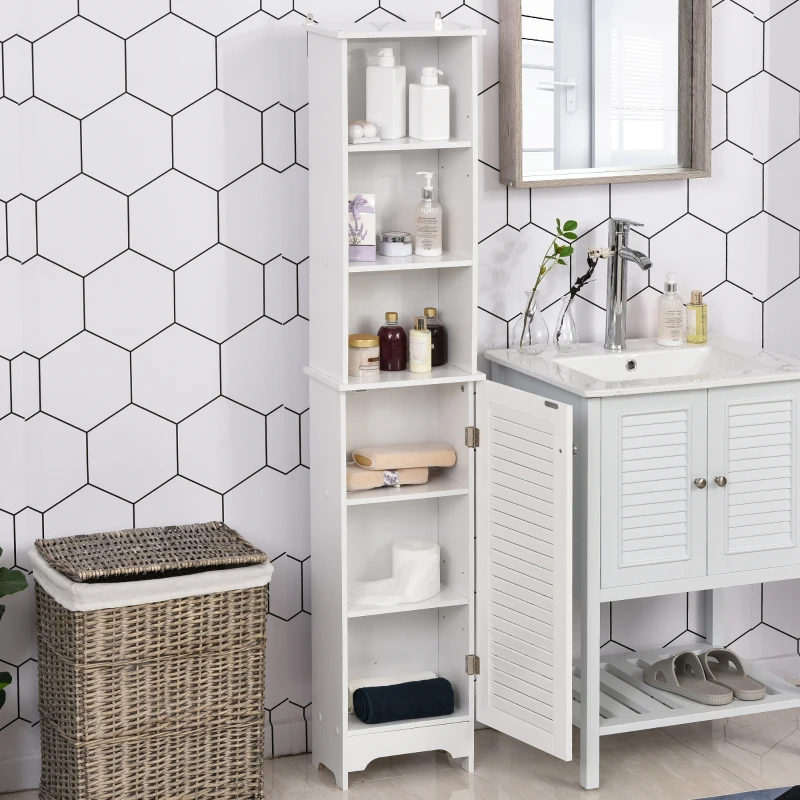 HOMCOM Armario Alto de Baño con Estantes Abiertos y Balda Interior Mueble Auxiliar de Almacenaje 34x20x165 cm Blanco