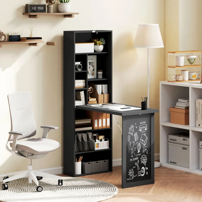 HOMCOM Bureau d'ordinateur pliable avec bibliothèque, poste de travail, tableau noir et étagère réglable, 98x51x153cm, noir
