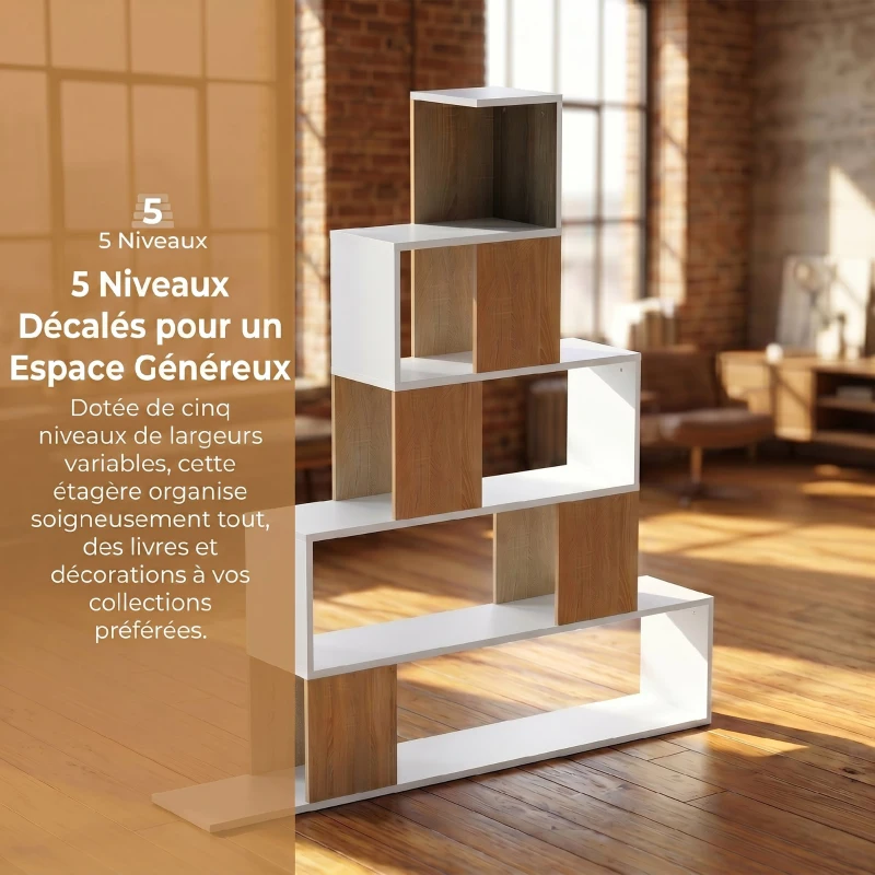 HOMCOM Étagère de rangement, bibliothèque géométrique à 5 niveaux, pour bureau, salon, chambre, blanc et bois naturel