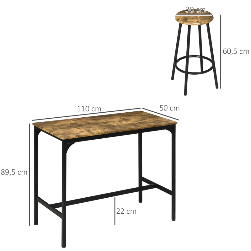HOMCOM Set de Mesa Bar y 4 Taburetes Muebles Altos con Mesa de 110x50x89,5 cm y Taburetes de Ø30x60,5 cm Negro y Madera