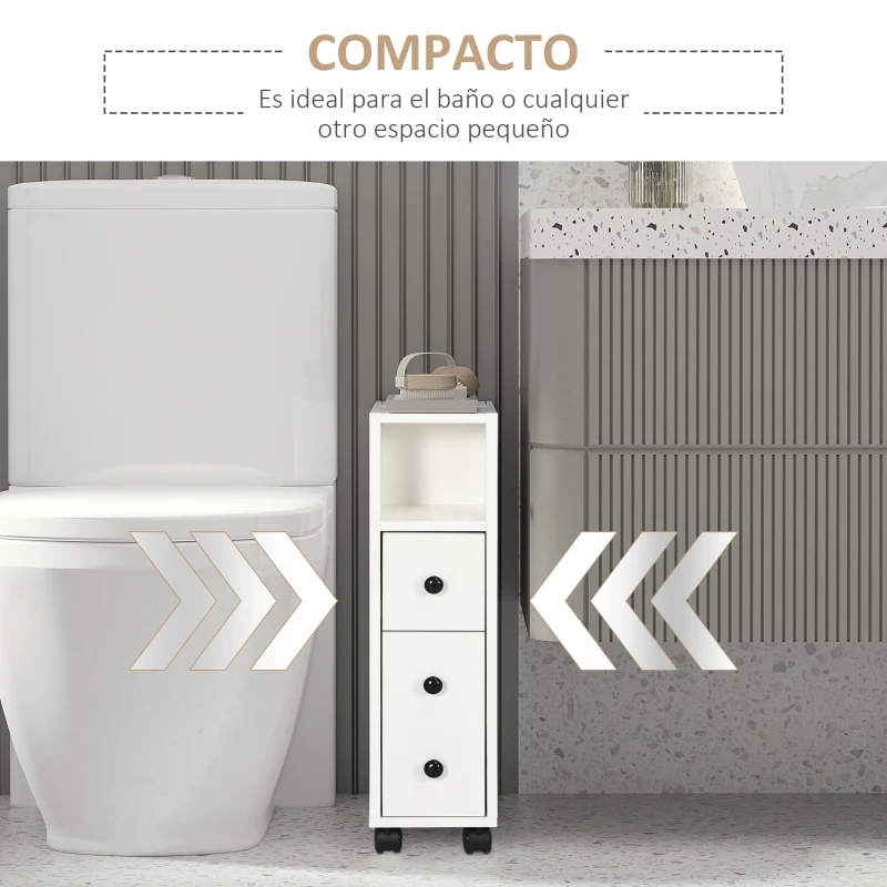 kleankin Armario de Baño con Ruedas Mueble Auxiliar para Baño con Estante Abierto Puerta y Cajón 18x30x68,5 cm Blanco