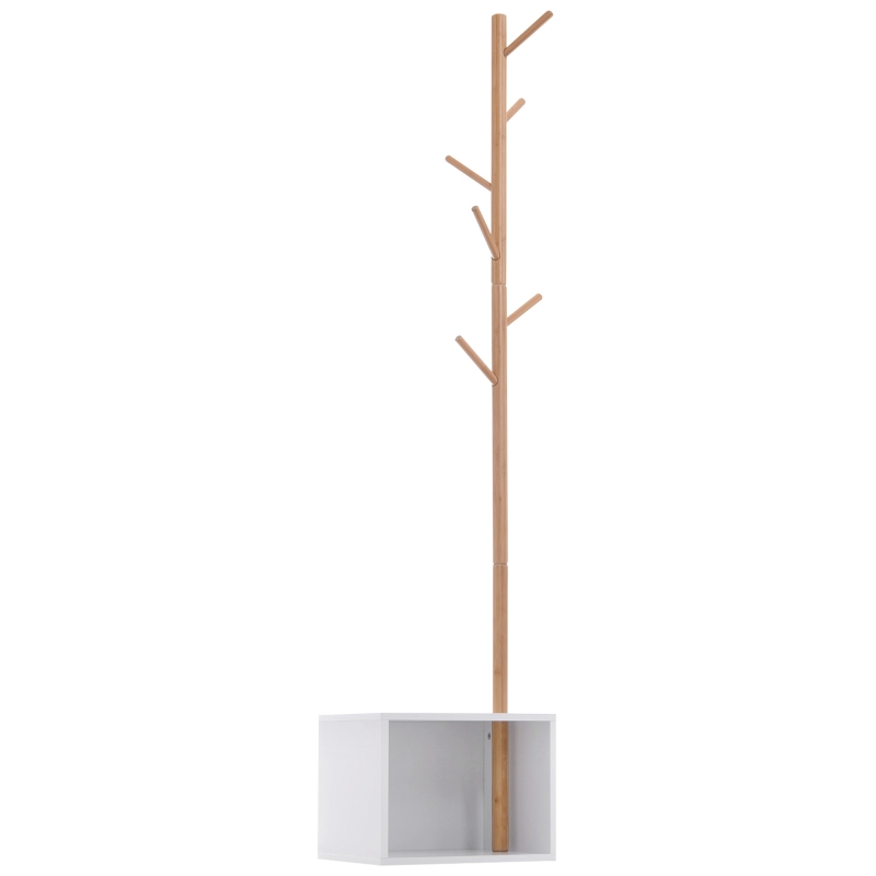HOMCOM Perchero de Pie con Zapatero Colgador Tipo Árbol Moderno 6 Ganchos para Colgar Ropa Bolsa Banco con Almacenamiento Pasillo Entrada Bambú y MDF 40x30x180cm