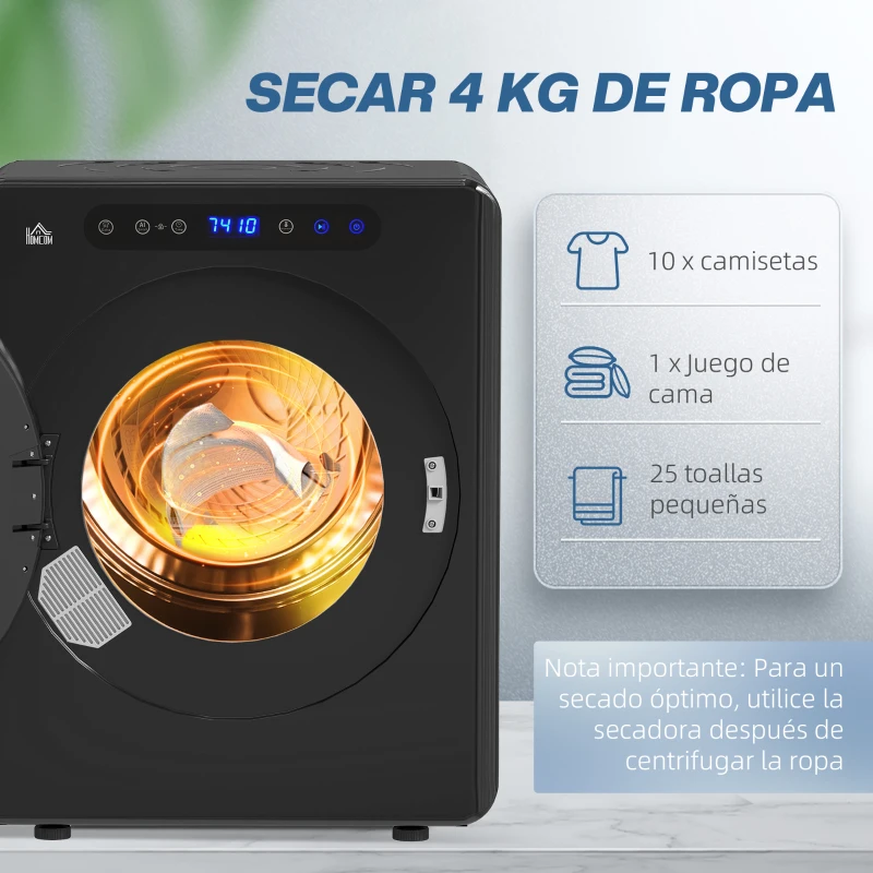 HOMCOM Secadora de Evacuación 5 KG 1000W Función Antiarrugas Función Esterilizar Temporizador Pantalla LED Táctil Negro