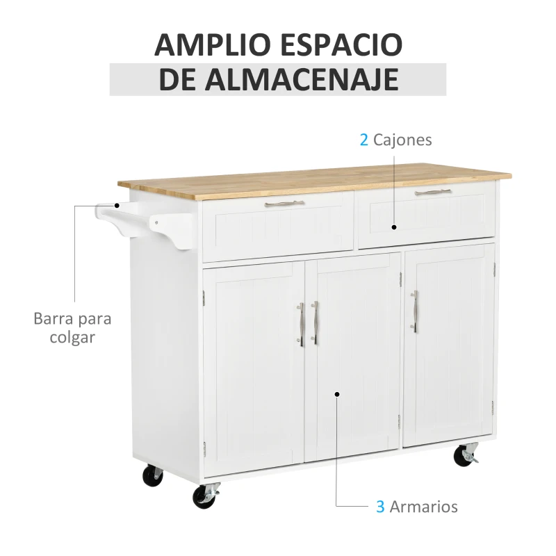 HOMCOM Isla de Cocina Mueble Auxiliar de Cocina con 2 Cajones 6 Puertas y Barra Lateral 121x46x91 cm Roble y Blanco
