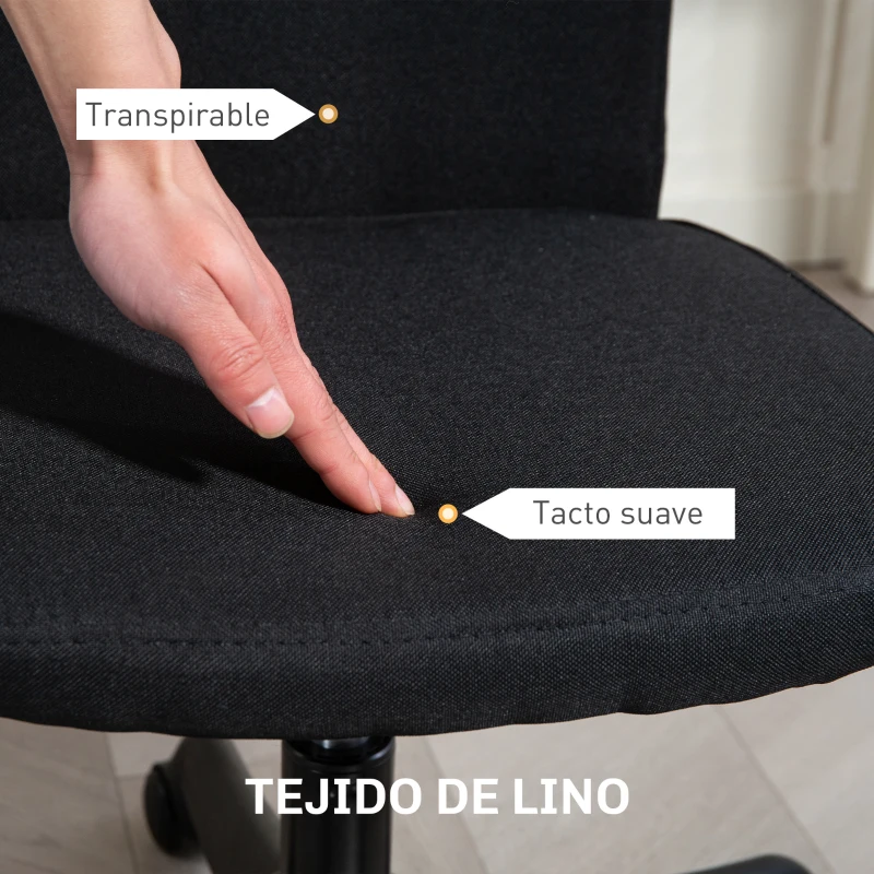 HOMCOM Silla de Oficina con Ruedas Altura Ajustable y Tapizado en Lino Sintético para Oficina o Estudio 53x43x85-93 cm Negro