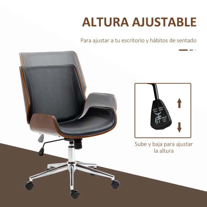 Vinsetto Silla de Oficina Giratoria de PU con Altura Ajustable Función de Inclinación y Ruedas 51x65,5x82-92 cm Negro