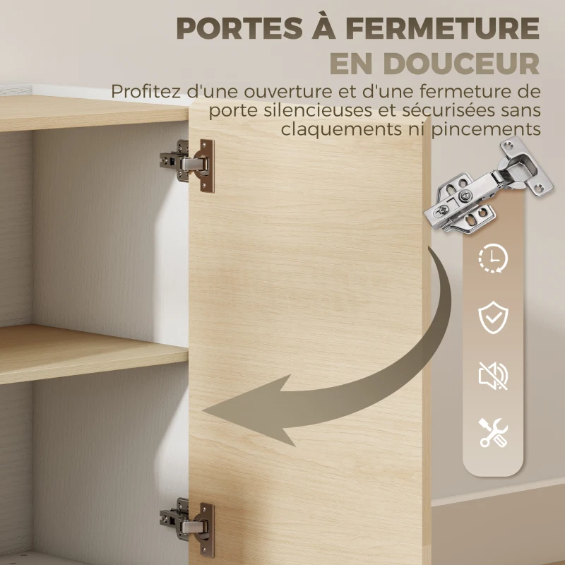 HOMCOM Buffet cuisine, meuble de rangement nordique, 3 portes à fermeture douce, 6 compartiments, bois naturel et blanc