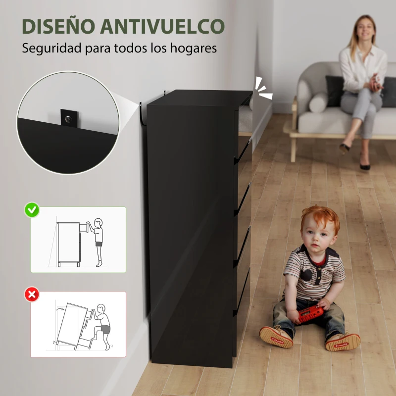 HOMCOM Cómoda con 5 Cajones Cajonera de Estilo Moderno para Dormitorio Entrada Salón 55x34x100 cm Negro