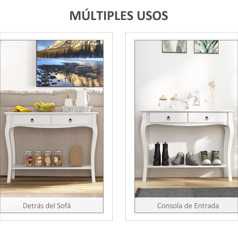 HOMCOM Mesa Consola Aparador Salón Comedor Mueble Recibidor Mesa Auxiliar con Cajones y Estante Diseño Elegante 100x33x75cm Madera Color Blanco Brillo