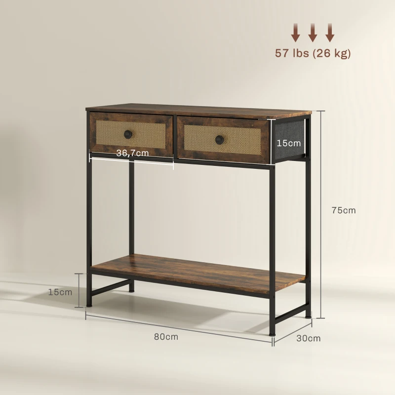 HOMCOM Mesa Consola con Estante Abierto y 2 Cajones Frontales de Ratán Consola para Recibidor 80x30x75 cm Marrón Rústico