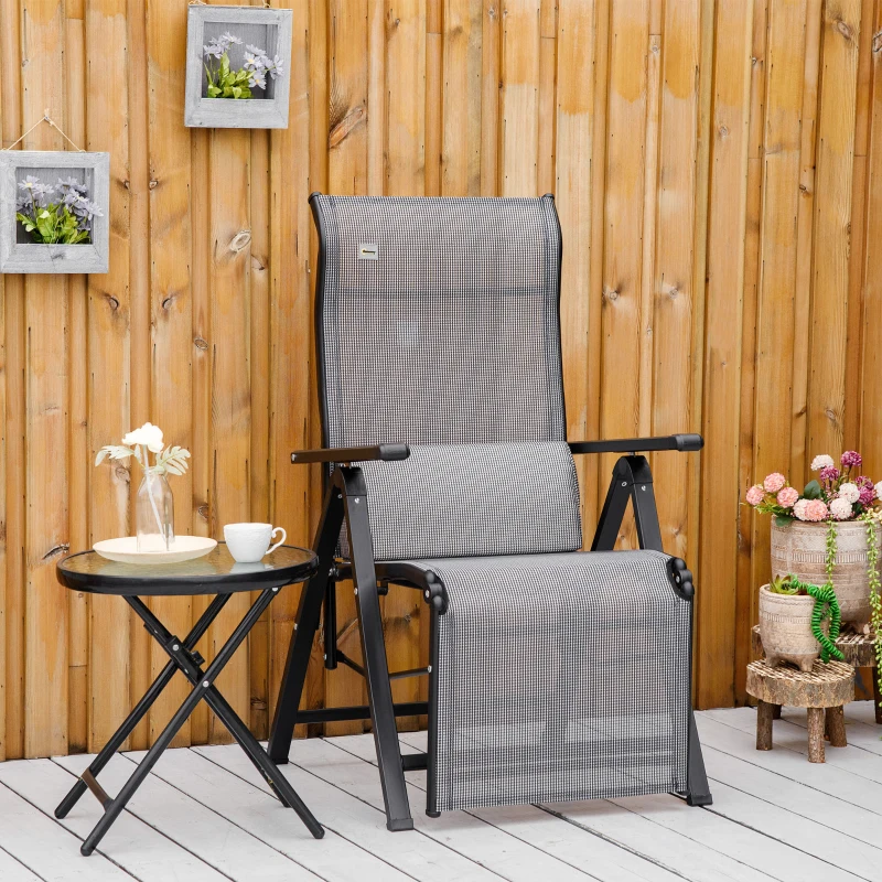 Outsunny Silla Reclinable Plegable de Jardín con Respaldo Ajustable en 9 Posiciones y Cojín Lumbar 70x65x111 cm Gris