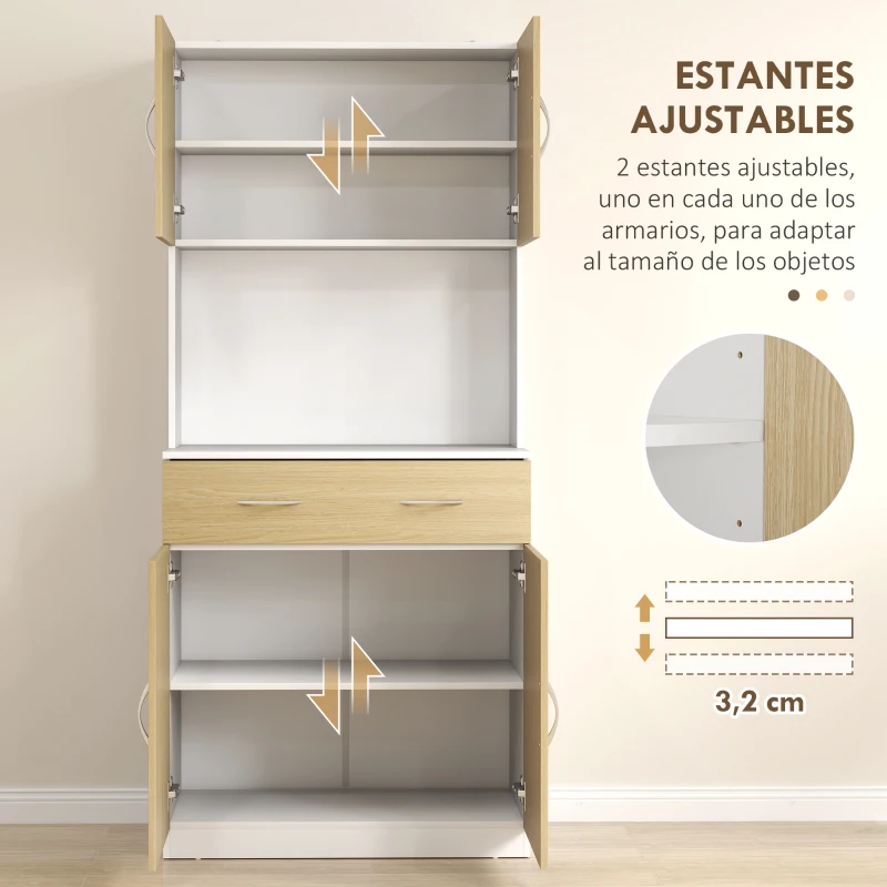 HOMCOM Mueble Auxiliar de Cocina con Puertas Cajón y Estantes Ajustables Antivuelco 80x40x180 cm Natural y Blanco